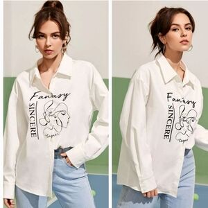 SHEIN Figure & Letter Graphic Drop Shoulder White Button Down Size M